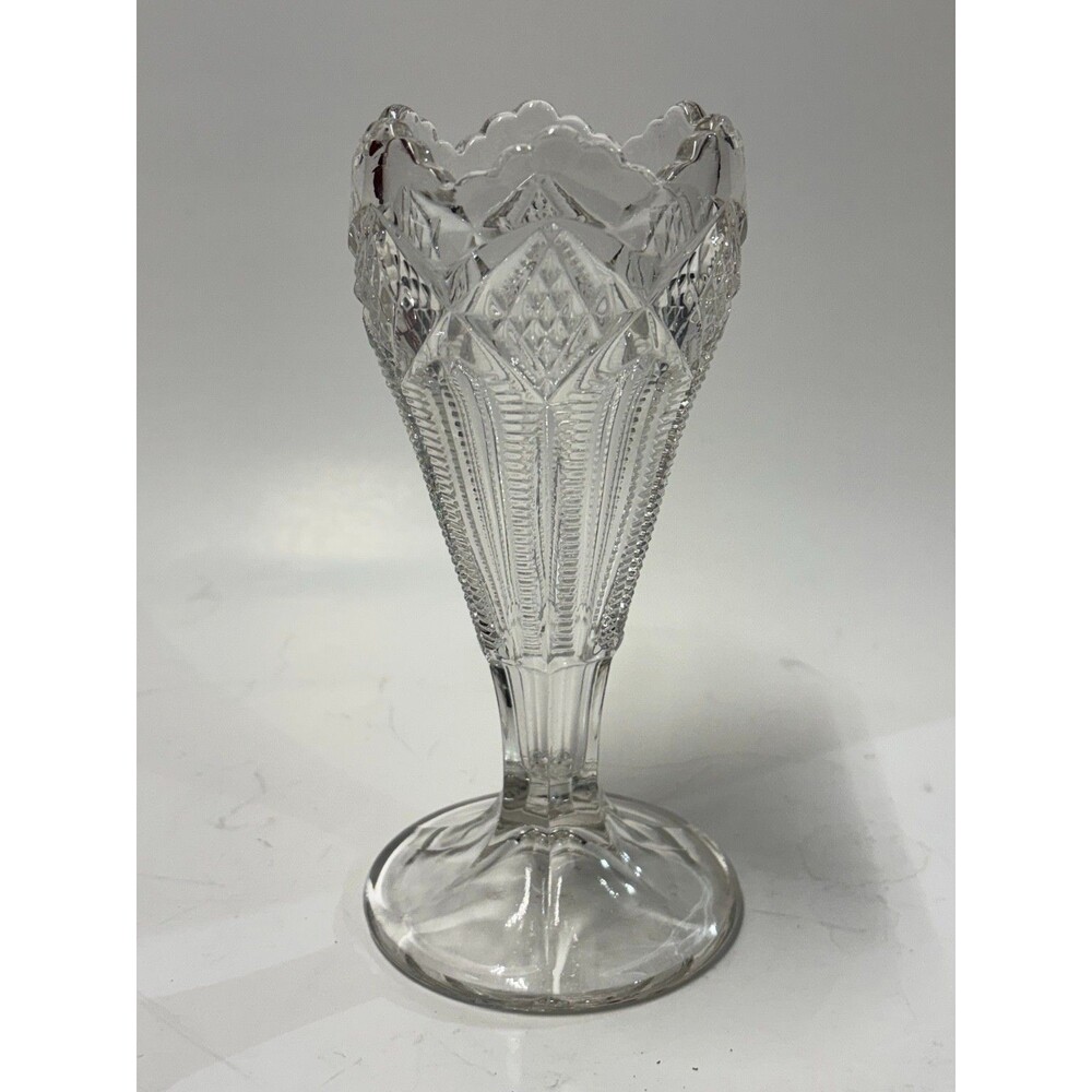 Vintage Clear Pressed Glass Celery Vase Bud Vase Scalloped Rim Footed 6"